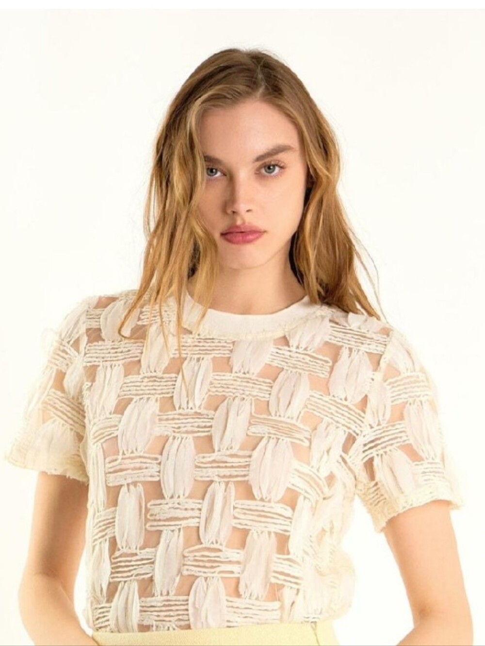 Ivory Textured Fringe Knit Short Sleeve Top | Chic Statement Blouse, Boxy